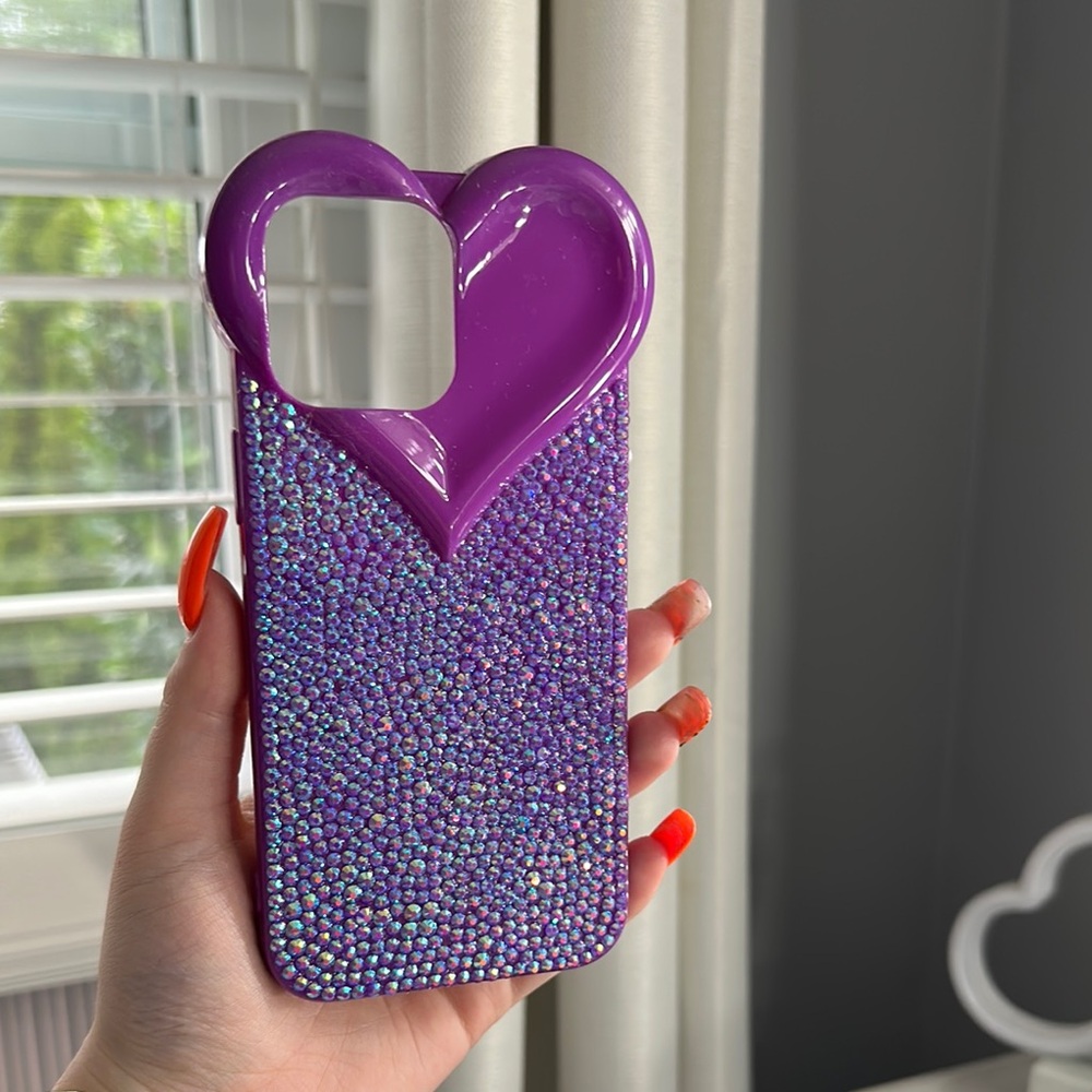IPhone 14 Pro Max purple Glitter Heart Phone Case HAND BEDAZZLED